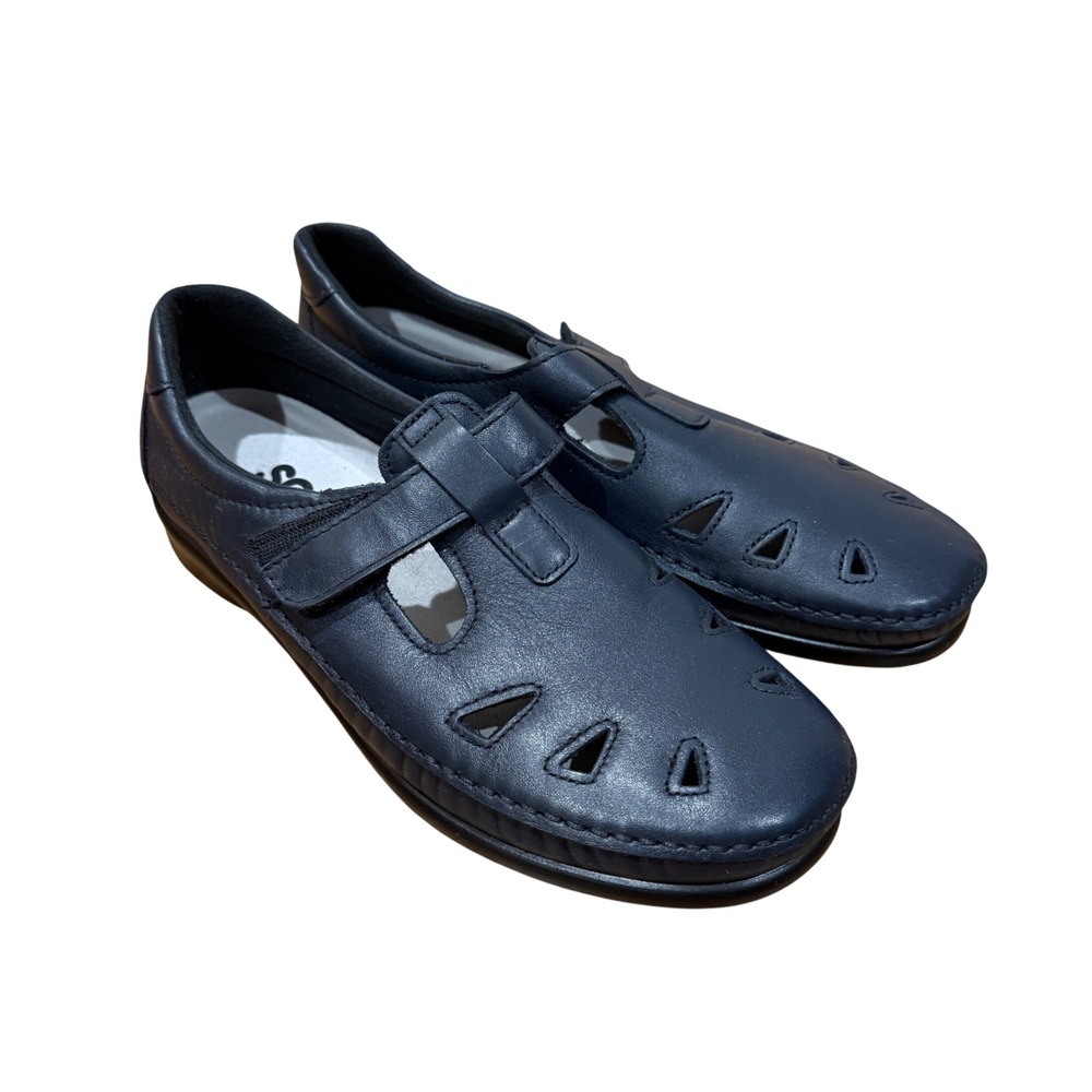 SAS Roamer Navy Blue Leather Cutout Slip On Loafers Adjustable Strap Womens 9.5M